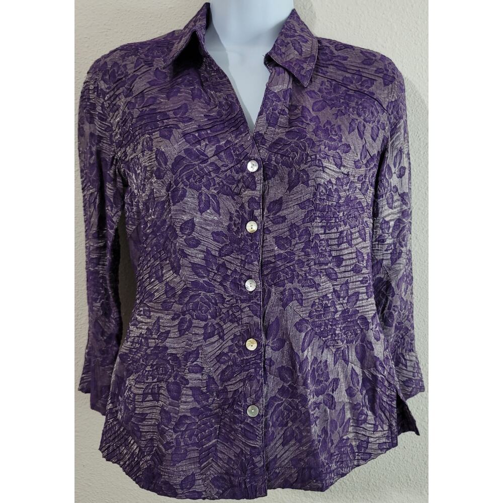 Scott Taylor Silver Purple Floral Ruched Button Up Top Small Asymmetrical Hem